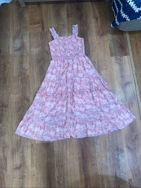 Smocked Pink Floral Maxi Dress with Ruffle Straps